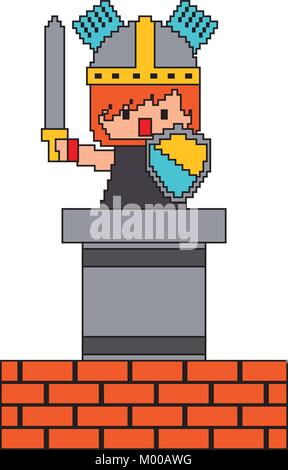 pixel character knight game wall brick Stock Vector