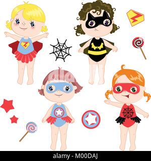 Kids wearing colorful costumes of different superheroes retro set, isolated on white background cartoon vector illustration Stock Vector