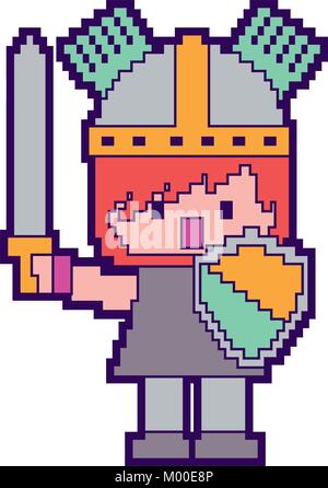 pixel character knight with sword and shield for games Stock Vector