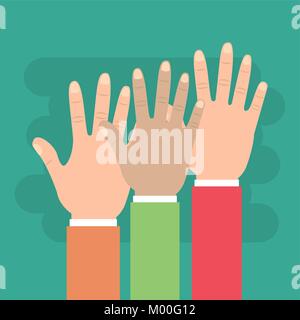 human hands raised multiethnic team Stock Vector