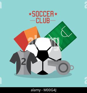soccer club t shirt ball whistle cards field sport equipment Stock Vector
