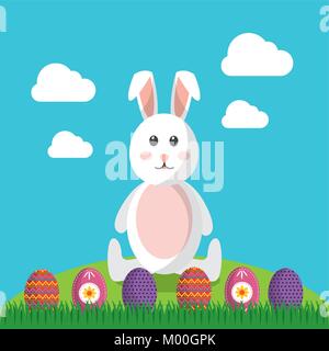 cute rabbit sitting with differents easter eggs Stock Vector
