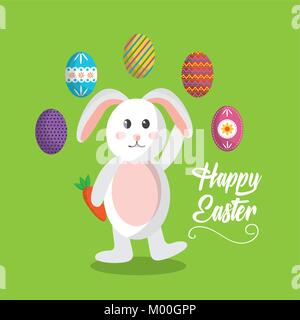 happy easter bunny waving hand and eggs colored decorated Stock Vector