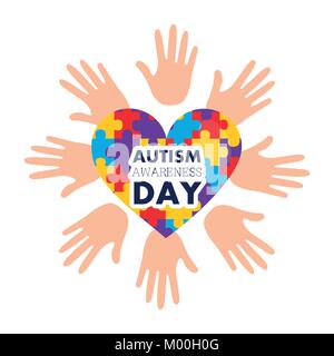 autism awareness day open hands and heart with puzzles Stock Vector