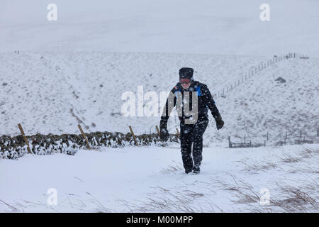 Forest-in-Teesdale, County Durham UK. Wednesday 17th January 2018. Montane Spine Race competitors faced some tough winter conditions as they passed through Upper Teesdale in County Durham, UK, today. The 268 mile (426km) long Montane Spine Race is a gruelling none stop 7 day race and is one of the toughest mountain races in the world. The race starts in Edale and follows the Pennine Way, to finish in Kirk Yethholm in Scotland. Credit: David Forster/Alamy Live News Stock Photo