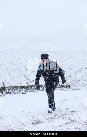 Forest-in-Teesdale, County Durham UK. Wednesday 17th January 2018. Montane Spine Race competitors faced some tough winter conditions as they passed through Upper Teesdale in County Durham, UK, today. The 268 mile (426km) long Montane Spine Race is a gruelling none stop 7 day race and is one of the toughest mountain races in the world. The race starts in Edale and follows the Pennine Way, to finish in Kirk Yethholm in Scotland. Credit: David Forster/Alamy Live News Stock Photo