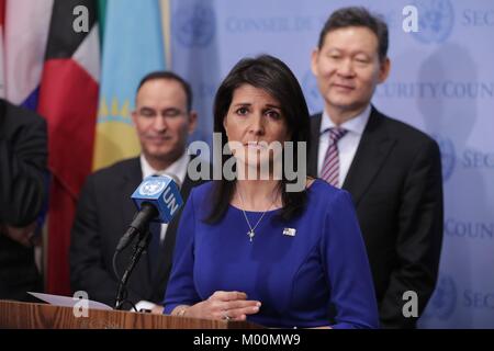 United Nations, New York, USA, January 01 17 2018 - Nikki R. Haley, Permanent Representative of the United States to the UN, brief reporters on the outcome of the Security Council Mission to Afghanistan today at the UN Headquarters in New York. Photo: Luiz Rampelotto/EuropaNewswire *** Local Caption *** 00005840 | usage worldwide Stock Photo