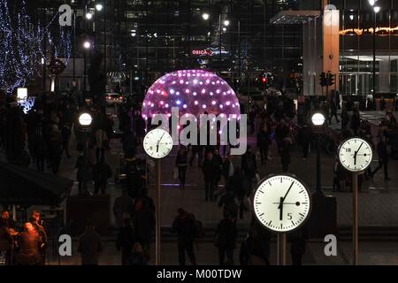 London, UK. 17th Jan, 2018. Winter Lights interactive art installations at Canary Wharf 'Sonic Light Bubble' by Eness pulsates with light and sound when approached or touched, emitting a warm glow through 236 programmed LEDs lights. Credit: claire doherty/Alamy Live News