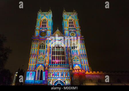 London, UK. 17th Jan 2018. The Light of the Spirit Chapter 2, by Patrice Warrener (France) is projected onto Westminster Abbey at Lumiere London 2018 Lights festival. Lumiere London is a light festival that presents an array of public art work and light installations across the capital. Credit: Imageplotter News and Sports/Alamy Live News