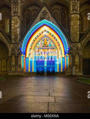 London, UK. 17th Jan 2018. The Light of the Spirit Chapter 2, by Patrice Warrener (France) is projected onto Westminster Abbey at Lumiere London 2018 Lights festival. Lumiere London is a light festival that presents an array of public art work and light installations across the capital. Credit: Imageplotter News and Sports/Alamy Live News