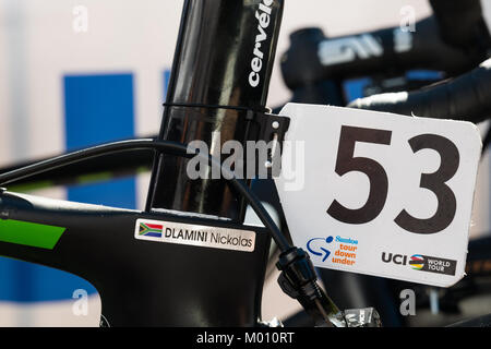 Glenelg, South Australia, Australia. 18th Jan, 2018. Nicolas Dlamini's bike number at the start of Stage 3, Glenelg to Victor Harbor, of the Tour Down Under, Australia on the 18 of January 2018 Credit: Gary Francis/ZUMA Wire/Alamy Live News Stock Photo