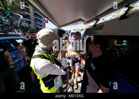 Glenelg, South Australia, Australia. 18th Jan, 2018. Peter Sagan at the start of Stage 3, Glenelg to Victor Harbor, of the Tour Down Under, Australia on the 18 of January 2018 Credit: Gary Francis/ZUMA Wire/Alamy Live News Stock Photo