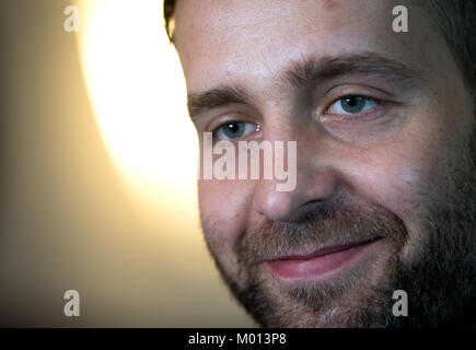 Zagreb, Croatia. 18th Jan, 2018. German goalkeeper Silvio Heinevetter speaks during a press conference in Zagreb, Croatia, 18 January 2018. The German handball players are starting their main round matches with the same team constellation. Credit: Monika Skolimowska/dpa-Zentralbild/dpa/Alamy Live News Stock Photo