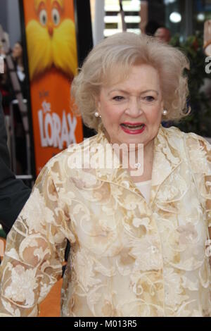 FILE: Universal City, California, USA. 19th Feb, 2012. Betty White arrives at the 'Dr. Suess' The Lorax' Los Angeles premiere at Universal Studios Hollywood on February 19, 2012 in Universal City, California. People: Betty White People: Valerie Bertinelli Betty White Credit: Storms Media Group/Alamy Live News Stock Photo