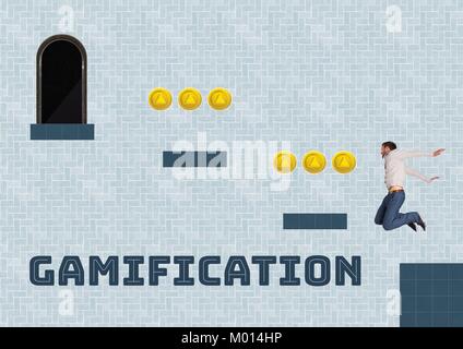 Gamification text and Man in Computer Game Level with coins Stock Photo