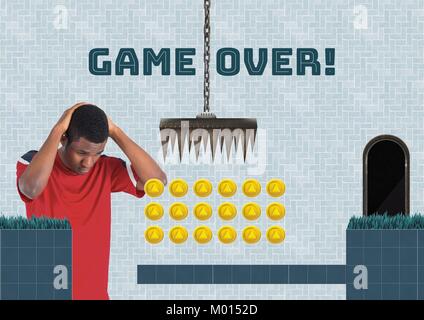 Game over and man in Computer Game Level with coins and traps Stock Photo