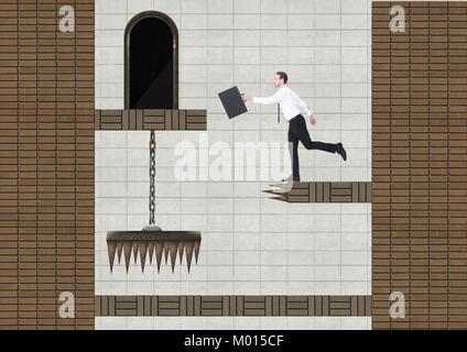 Digital composite of Businessman in Computer Game Level with coins and traps Stock Photo