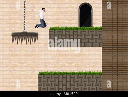 Man jumping in Computer Game Level and traps Stock Photo