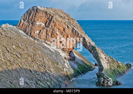 BOW FIDDLE ROCK PORTKNOCKIE MORAY SCOTLAND SHOWING THE BOW AND THE CHANNEL BENEATH Stock Photo