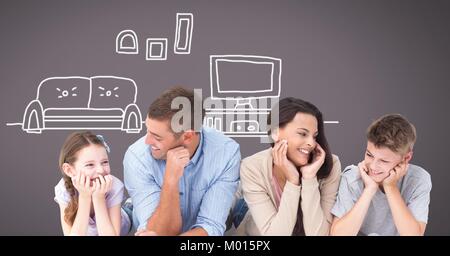 Family laughing together with home television drawings Stock Photo