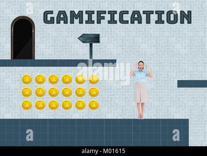 Gamification text and Woman in Computer Game Level with coins Stock Photo