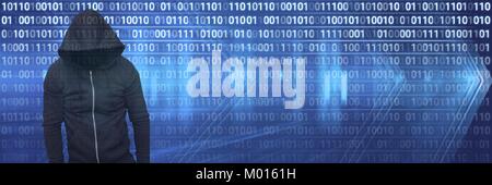 Anonymous hacker with computer code binary interface Stock Photo