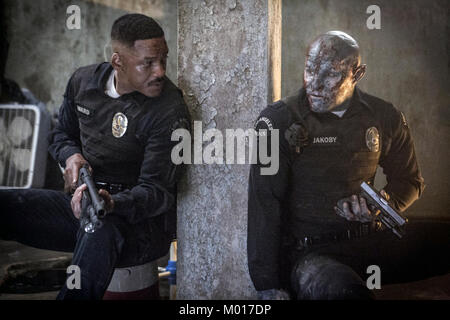 Bright is a 2017 American urban fantasy action crime film directed and produced by David Ayer and written by Max Landis. The film stars Will Smith as a Los Angeles Police Department police officer who teams up with an Orc rookie police officer (Joel Edgerton) in a world of both human and mythical creatures.  This photograph is for editorial use only and is the copyright of the film company and/or the photographer assigned by the film or production company and can only be reproduced by publications in conjunction with the promotion of the above Film. A Mandatory Credit to the film company is re Stock Photo