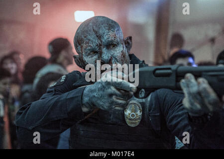 Bright is a 2017 American urban fantasy action crime film directed and produced by David Ayer and written by Max Landis. The film stars Will Smith as a Los Angeles Police Department police officer who teams up with an Orc rookie police officer (Joel Edgerton) in a world of both human and mythical creatures.  This photograph is for editorial use only and is the copyright of the film company and/or the photographer assigned by the film or production company and can only be reproduced by publications in conjunction with the promotion of the above Film. A Mandatory Credit to the film company is re Stock Photo