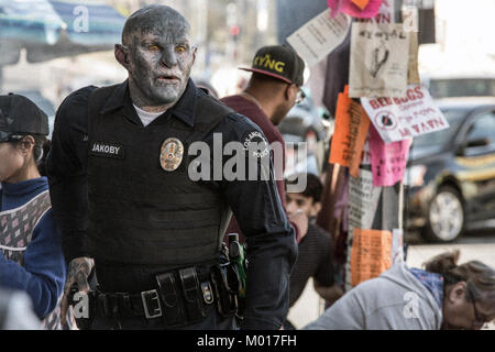 Bright is a 2017 American urban fantasy action crime film directed and produced by David Ayer and written by Max Landis. The film stars Will Smith as a Los Angeles Police Department police officer who teams up with an Orc rookie police officer (Joel Edgerton) in a world of both human and mythical creatures.  This photograph is for editorial use only and is the copyright of the film company and/or the photographer assigned by the film or production company and can only be reproduced by publications in conjunction with the promotion of the above Film. A Mandatory Credit to the film company is re Stock Photo