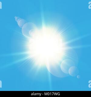 Realistic shining sun with lens flare. Blue sky with clouds background. Vector illustration. Stock Vector