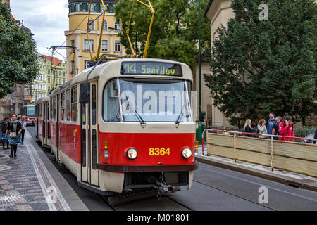 A Tatra T3R.P Tram operating Route No14  in Prague, Czech Republic Stock Photo