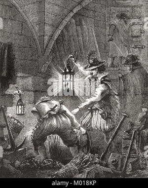Guy Fawkes and the conspirators at work.  Guy Fawkes, 1570 – 1606, aka Guido Fawkes, member of a group of provincial English Catholics who took part in The Gunpowder Plot of 1605, aka Gunpowder Treason Plot or the Jesuit Treason, a failed assassination attempt against King James I of England and VI of Scotland. The plot was to blow up the House of Lords during the State Opening of England's Parliament on 5 November 1605.  From Ward and Lock's Illustrated History of the World, published c.1882. Stock Photo