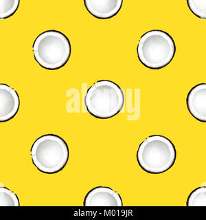 Coconut Flat lay Seamless pattern wirh half coconut in peel on yellow background Top view Stock Photo