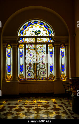 Italian and Belgium cut Palace Glass Window, Jai vilas palace, Gwalior, Madhya pradesh, India Stock Photo