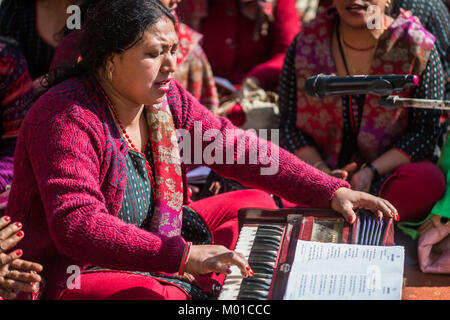 Woman play harmonium, Nepal, Asia. Stock Photo