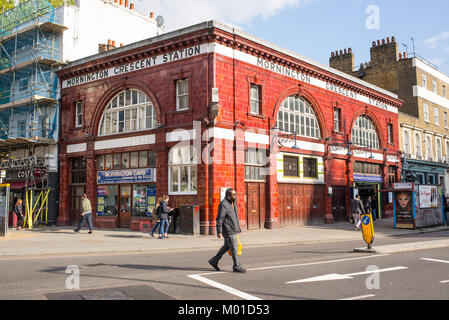 London, UK - April 2017. People walking in front of Mornington Crescent Underground Station, North London, England, UK Stock Photo