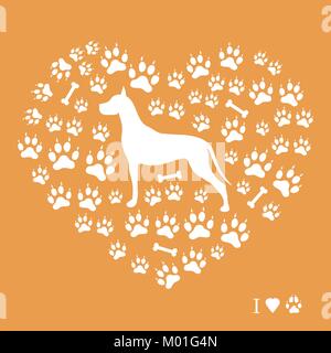 Nice picture of great dane silhouette on a background of dog tracks and bones in the form of heart on a colored background. Stock Vector