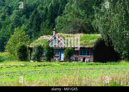 A sod roof log cabin with grass covering the roof. Seen near Åndalsne, Møre og Romsdal county, Norway. Stock Photo