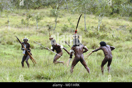 Yali Mabel, the chief of Dani tribe and People of Dani tribe performing battle and fight reconstruction. July 2009, The Baliem Valley, Indonesian, Stock Photo