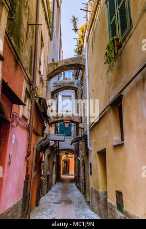 Narrow streets in Albenga, Italy. April 2017. Stock Photo