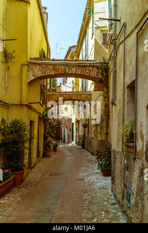 Narrow streets in Albenga, Italy. April 2017. Stock Photo