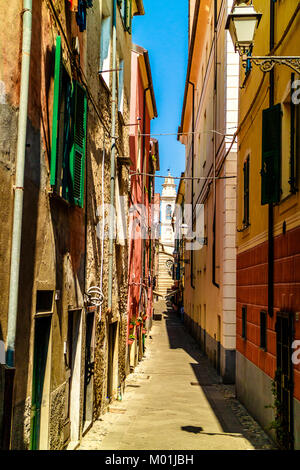 Narrow streets in Albenga, Italy. April 2017. Stock Photo