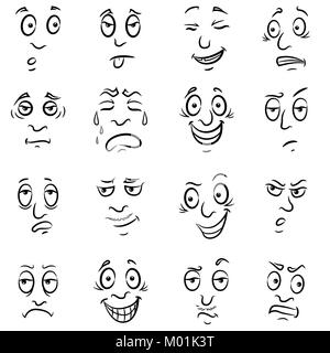 Set of sixteen funny male grimaces, sketching cartoon vector outlines isolated on the white background Stock Vector