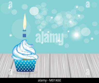 Cupcake with blue candle on blue blurred background, birthday card for boys Stock Vector