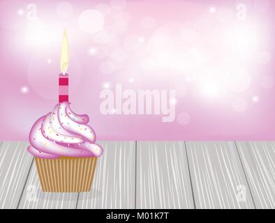 Cupcake with pink candle on wooden planks with pink blurred background, vector Stock Vector