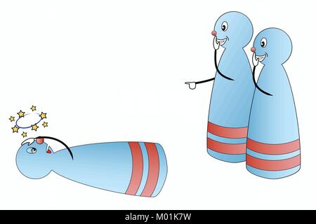 Illustration of two bowling pins being gleeful about a fallen, hurted pin feeling dizzy and sick, vector of laughed at pin and two mean pins Stock Vector