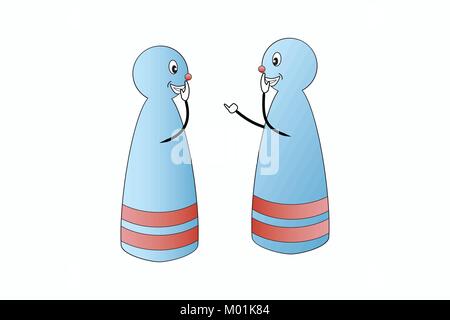 Illustration of two bowling pins making jokes about a player, vector of pins laughing about something/pins standing and giggling/ pins having fun Stock Vector