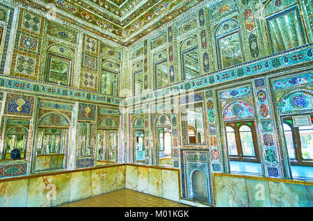 SHIRAZ, IRAN - OCTOBER 12, 2017: The medieval mansions of Shiraz boast preserved interiors, such as mirror hall of Zinat Ol-Molk, on October 12 in Shi Stock Photo