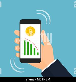 Bitcoin loss bar graph down meaning the value of the crypto currency is losing value Stock Vector