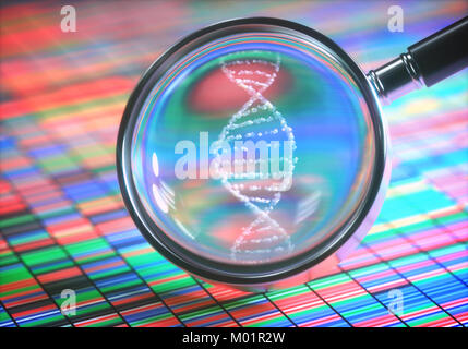 3D illustration. DNA Sanger Sequencing and a Magnifying Glass Showing the DNA Helix. Stock Photo